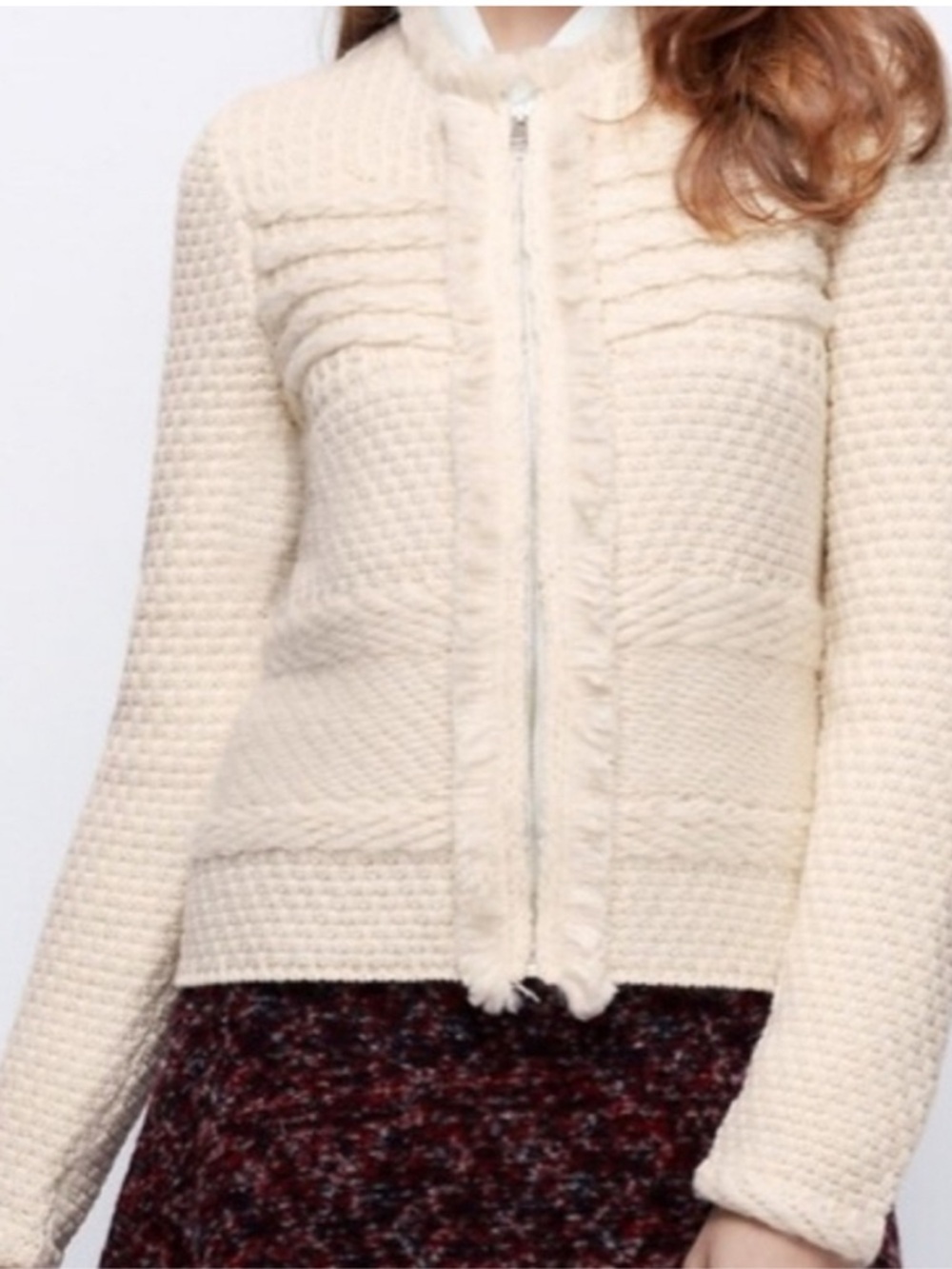 Ann Taylor Ivory Zip-Up Textured Knit Jacket